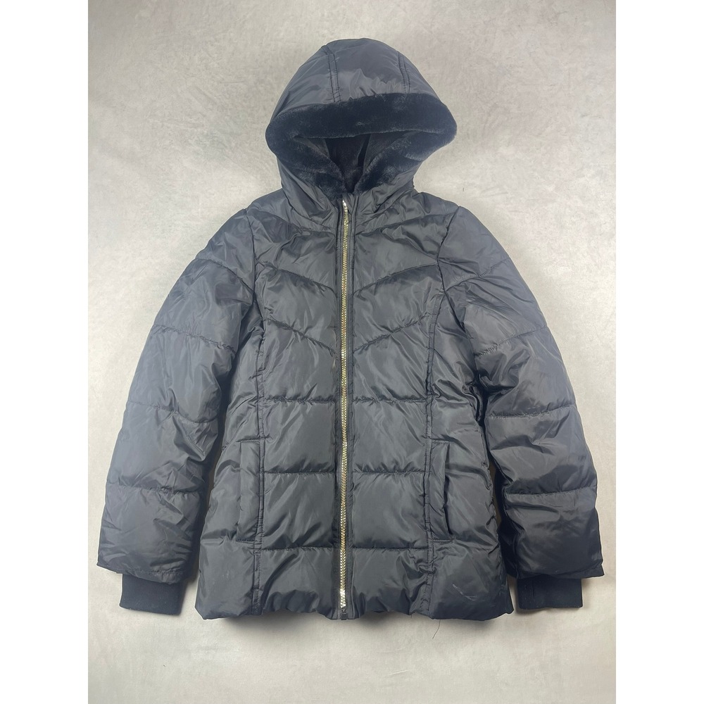 Juicy Couture Kids Black Hooded Puffer Jacket Faux Fur Lined Size M 10/12 7Z117